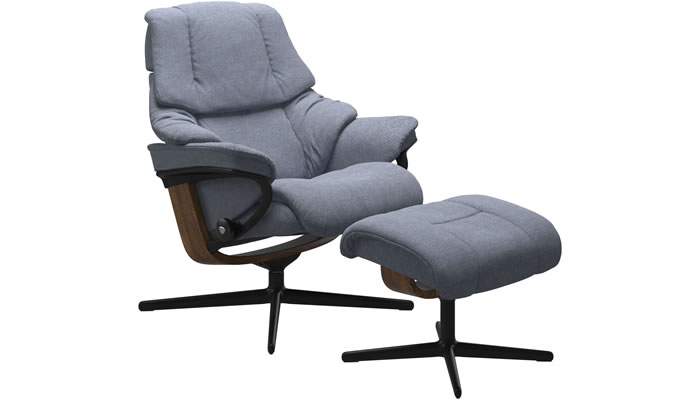 Stressless Reno with Cross Base and Stool in Peony Blue Fabric